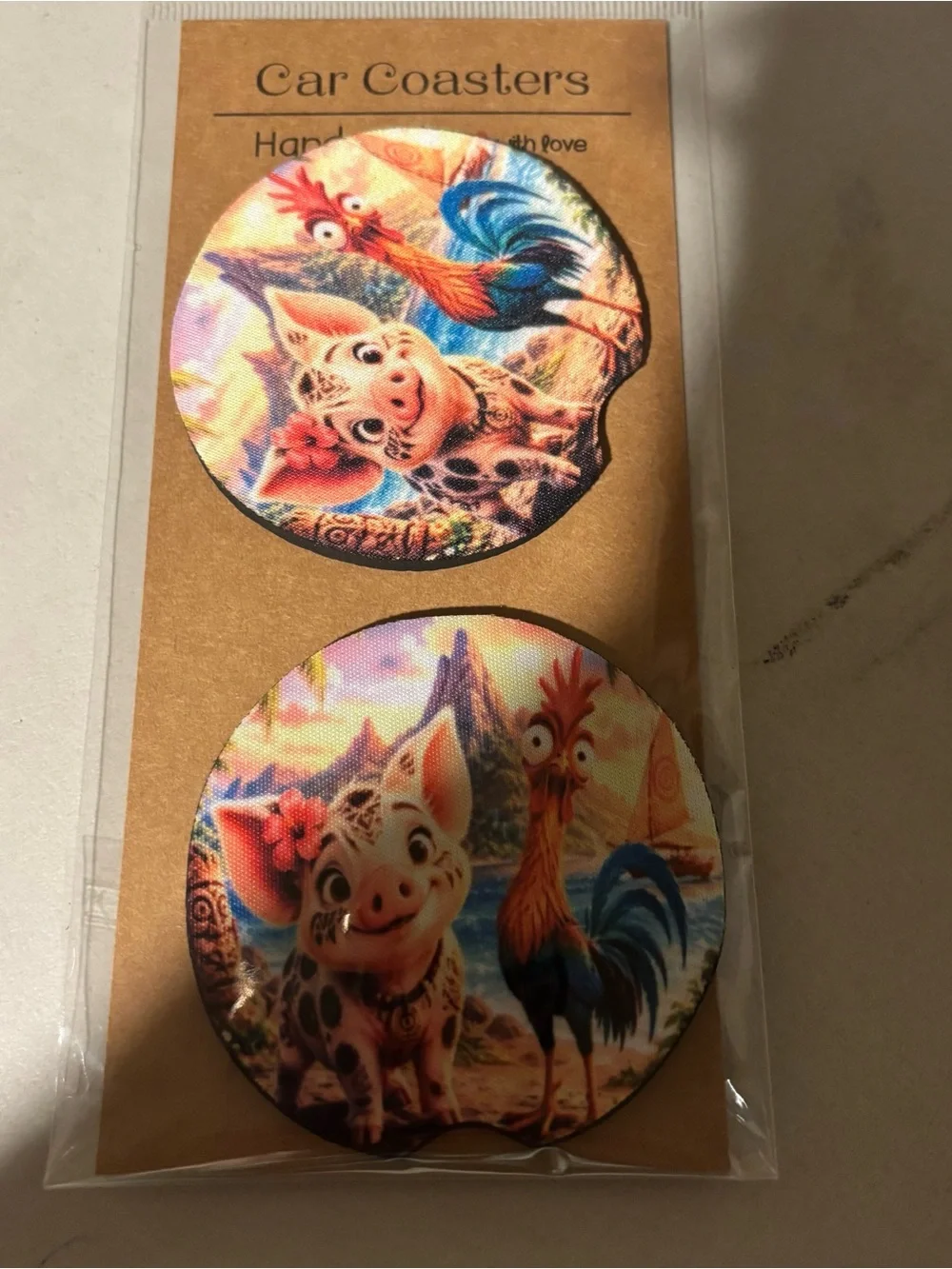 Cute Pig & Rooster Car Coasters - Colorful Beach Design. Handmade Moana rubber